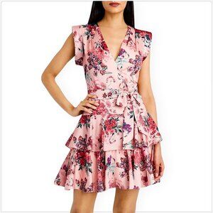 BCBGMaxazria Luna Ruffled Skirt Dress Floral Apricot Blush Pink V-Neck NWT NEW 2